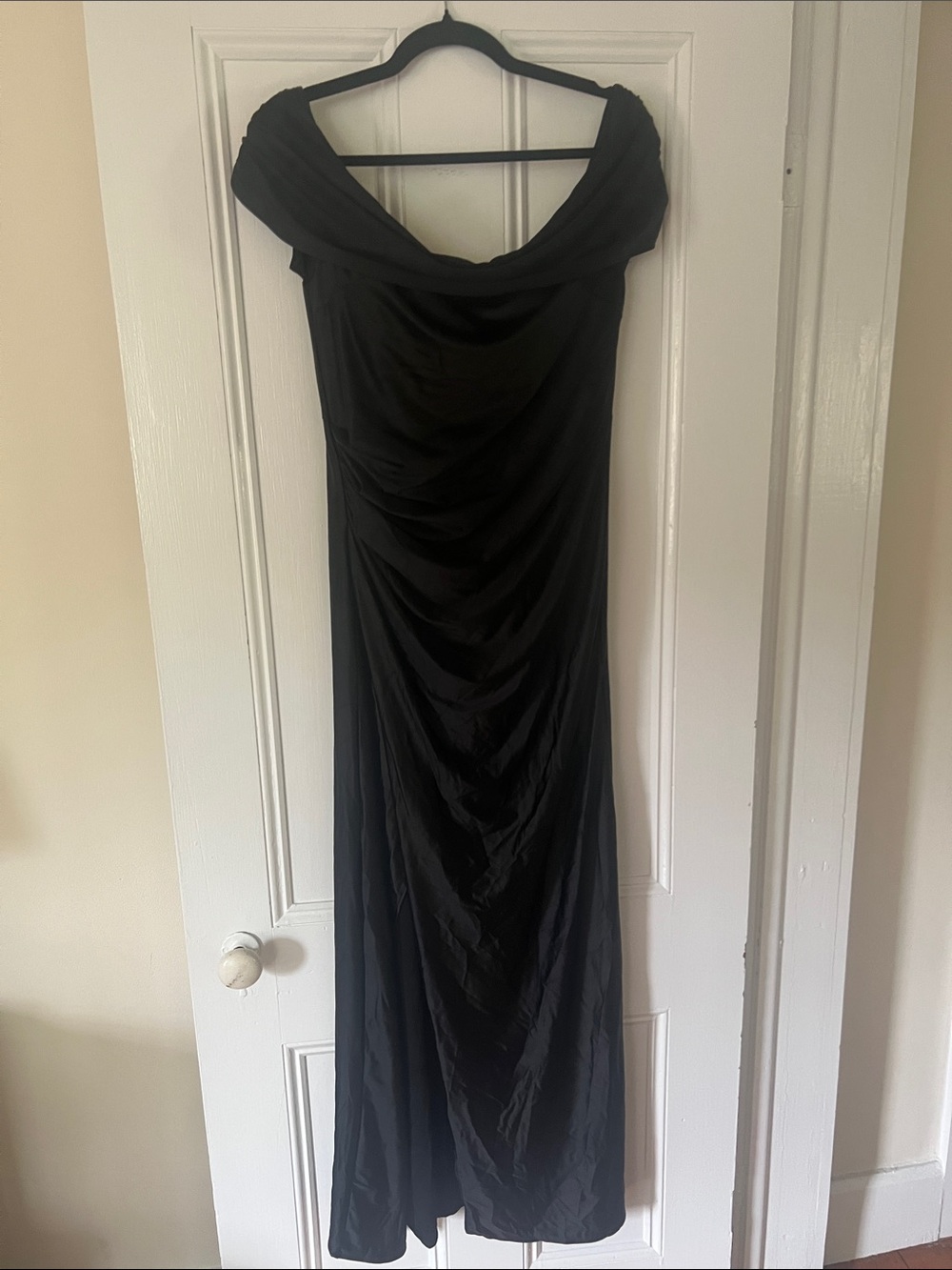 OQQ Black Draped Off-Shoulder Gown with front slit.Fully attached shapewear. L58